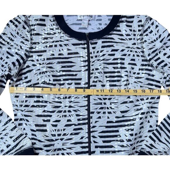 Joseph Ribkoff Full Zip Vinyl Shimmer Striped Floral Jacket Black White Size 12 - Picture 6 of 15